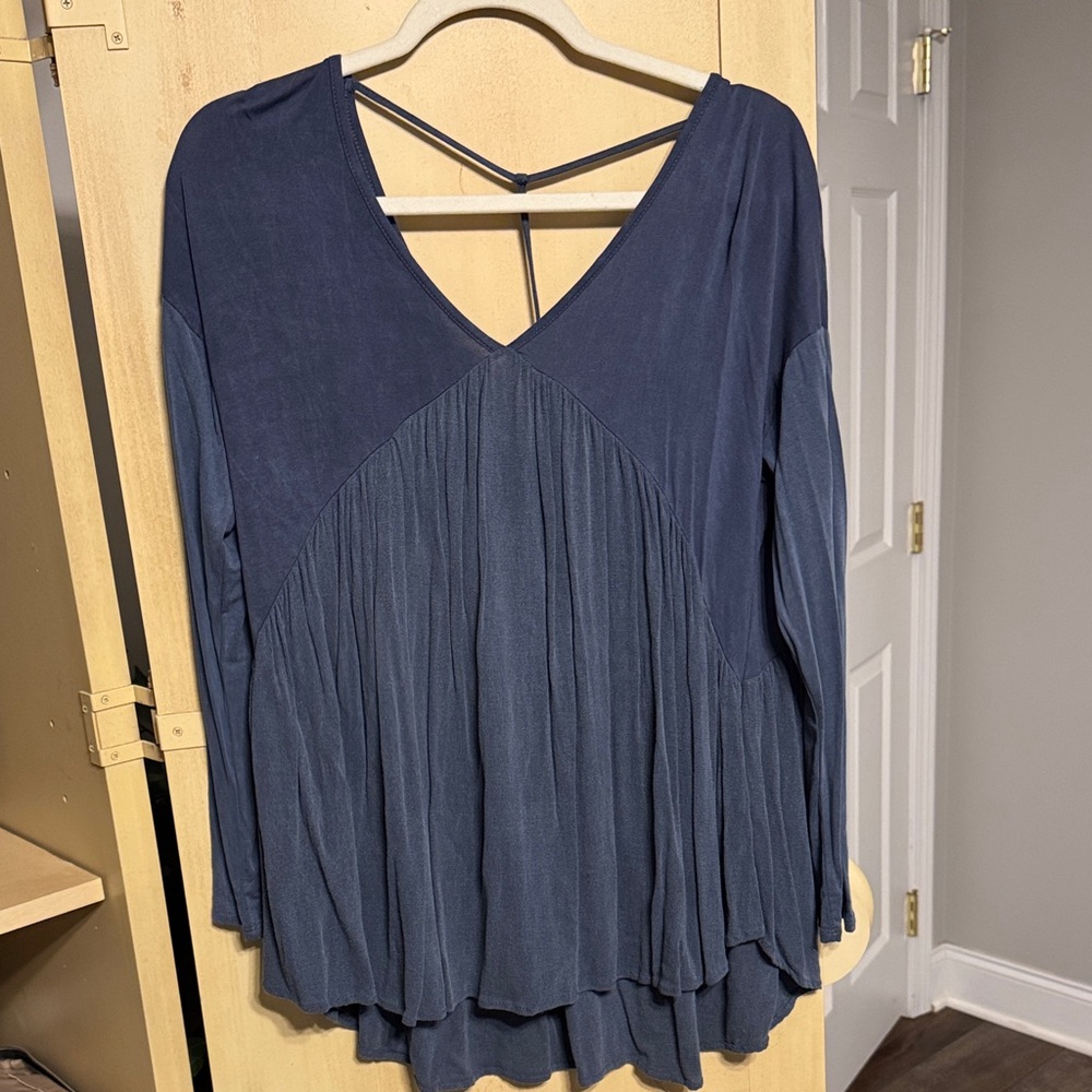 MTS Blue Pleated Long Sleeve Blouse